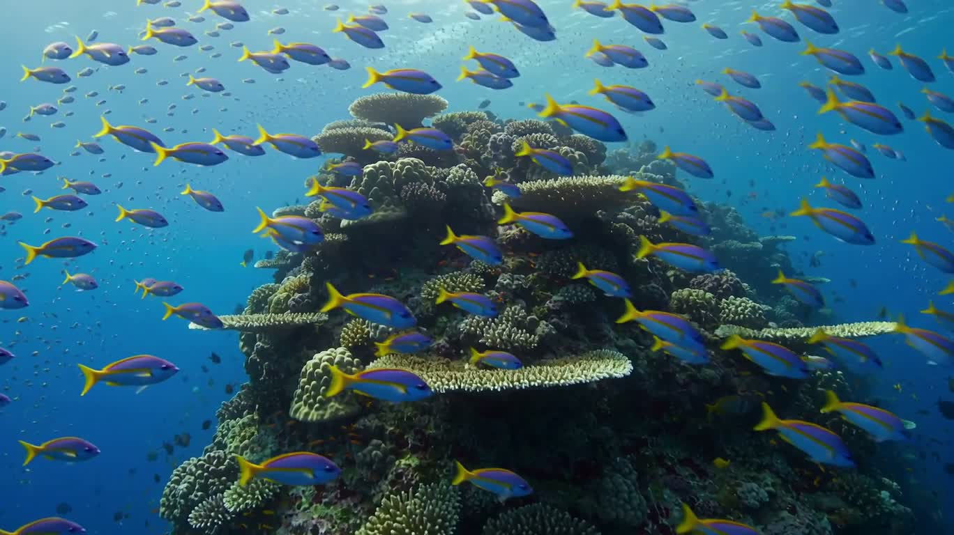 サンゴ礁の間の魚群とウミガメ