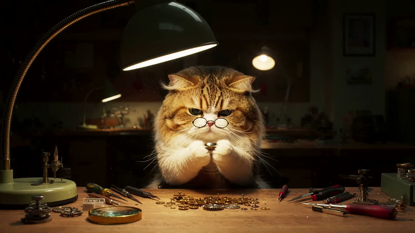 Кот-часовщик в тёплом свете