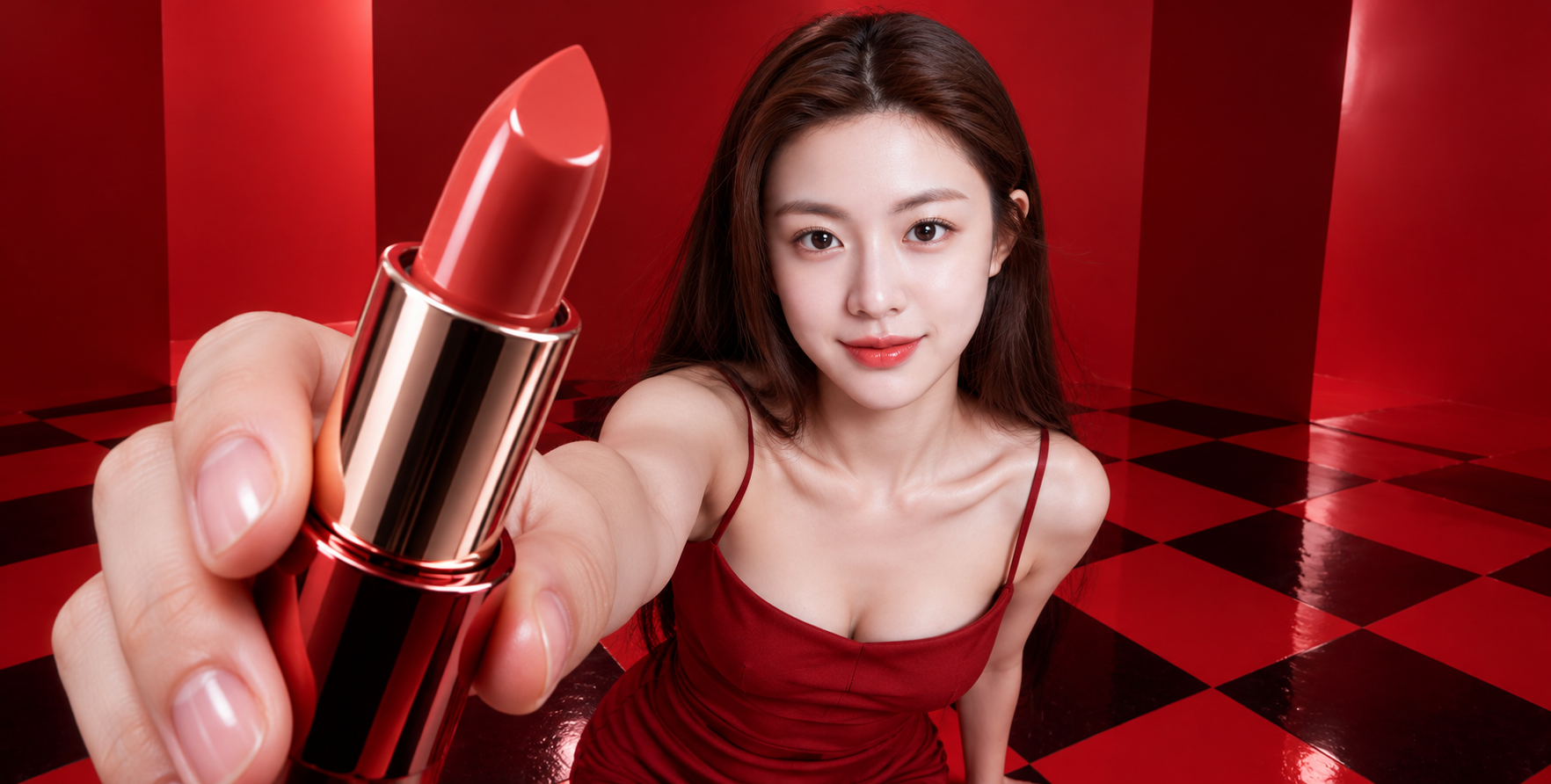 震撼视觉的深红影棚广角美妆大片 — AI image creation