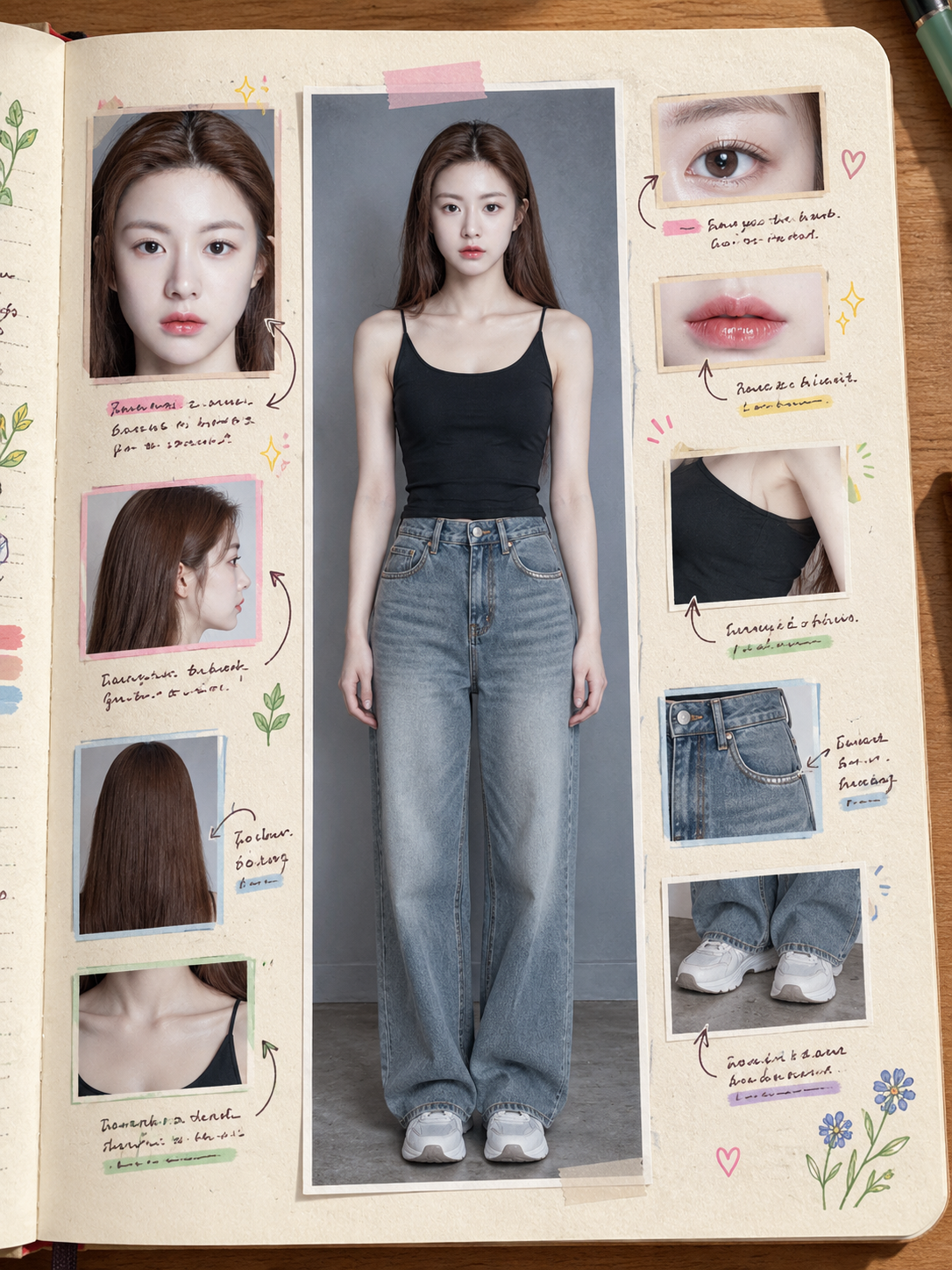 笔记本上的彩色手写角色照片设定表