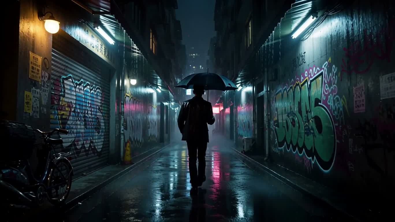 Neon Umbrella Shadows in the Rainy Alley
