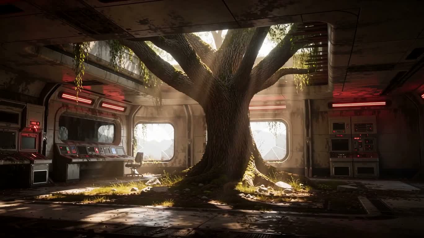 Chêne et lumière néon dans une maison de science-fiction abandonnée