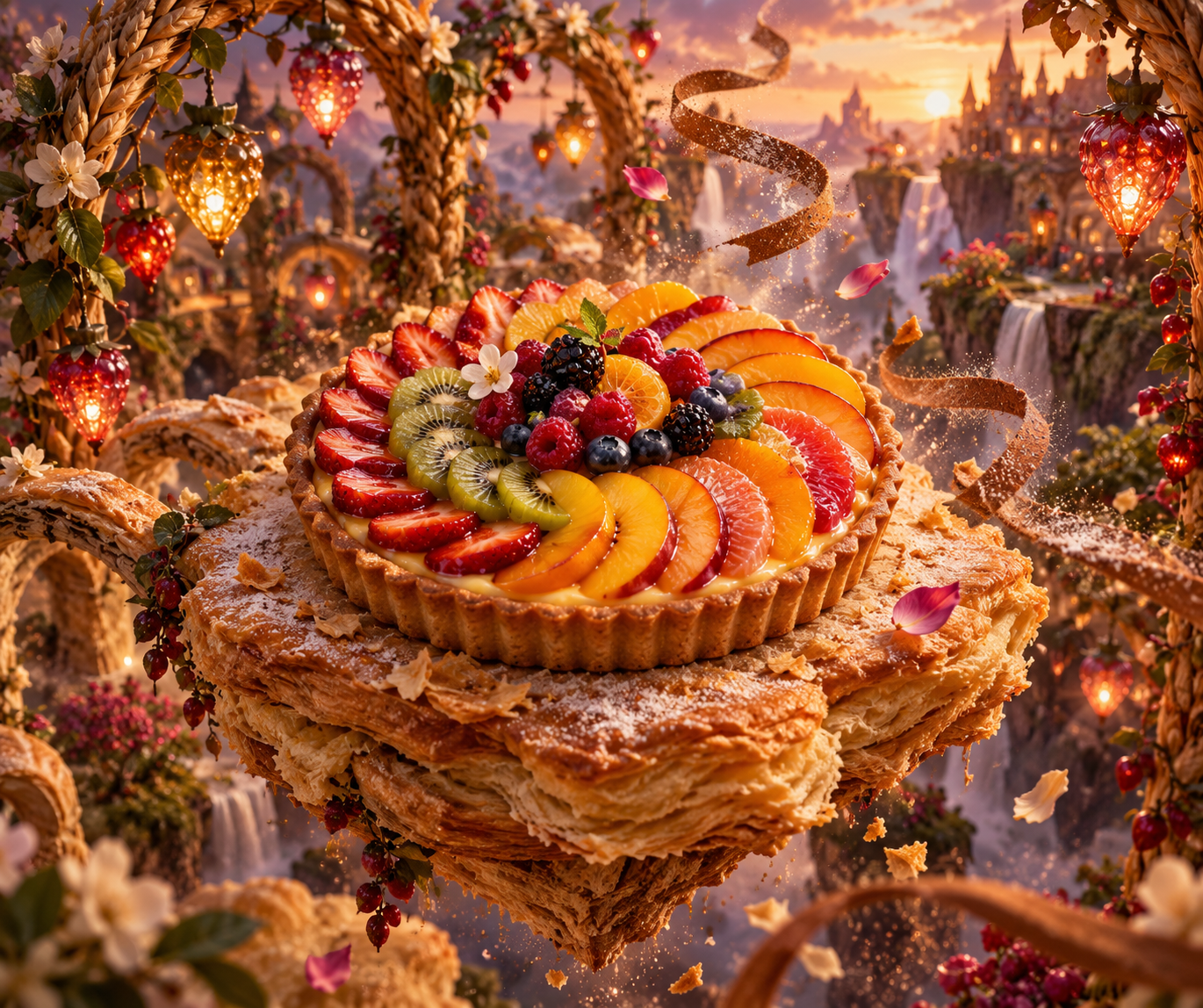 Bánh tart trái cây lơ lửng trong vườn lúa mì mộng mơ