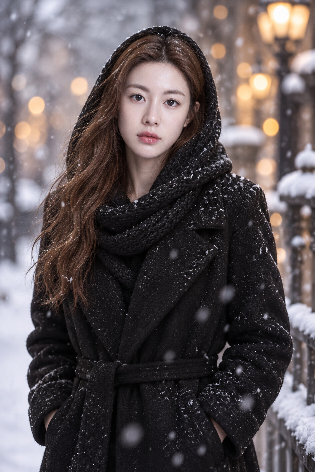雪幕金色散景冬日时尚肖像
