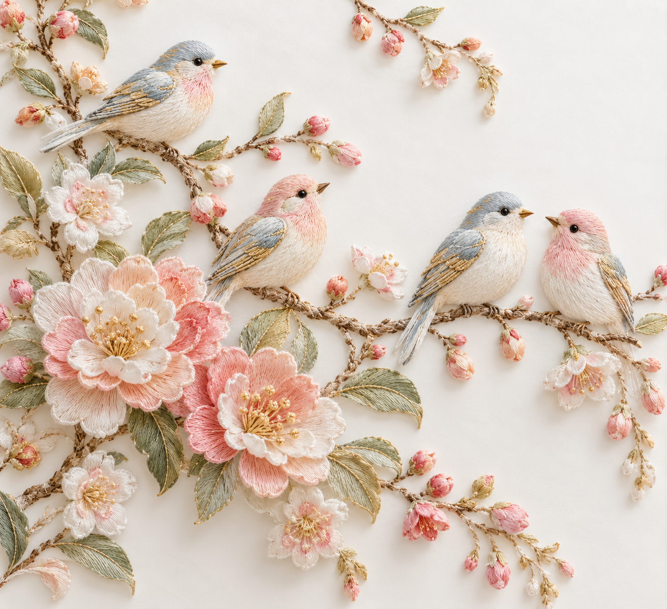 Pastel silk-thread bird-and-flower embroidery