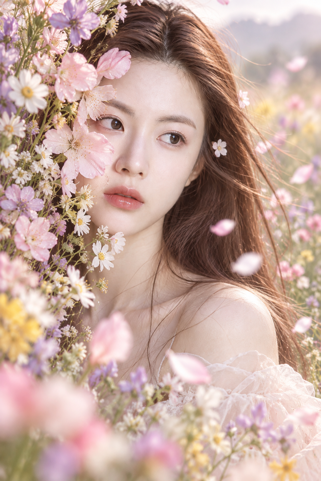 春日野花半掩面容的空灵成年女性肖像 — AI image creation