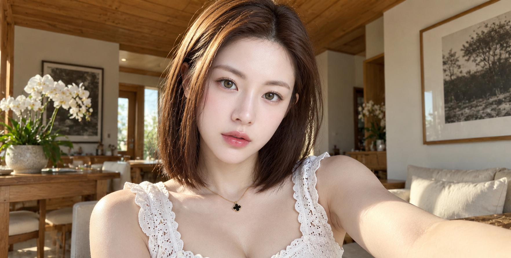 Selfie en dentelle dans une maison en bois ensoleillée