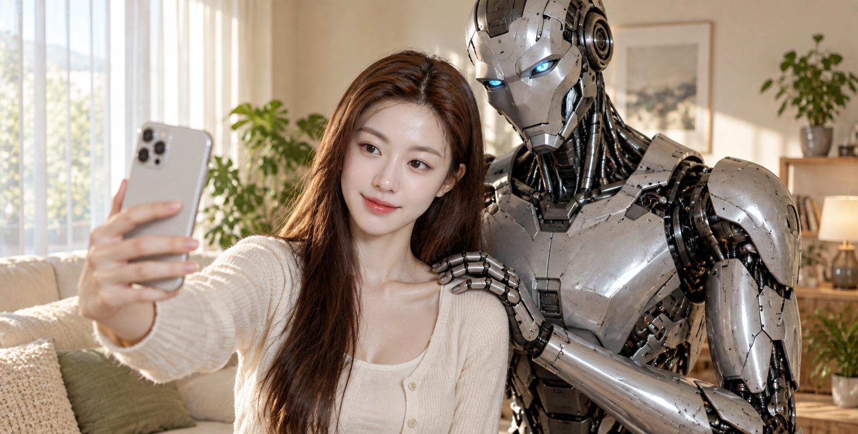 大人と守護ロボットのリビングでの記念写真 — AI image creation