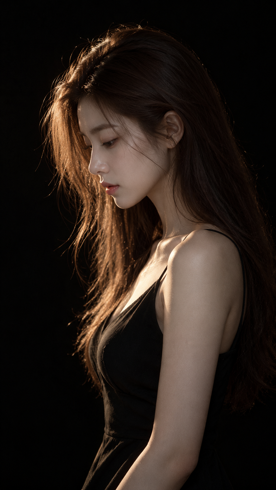 深黑背景暖光侧身剪影艺术人像 — AI image creation
