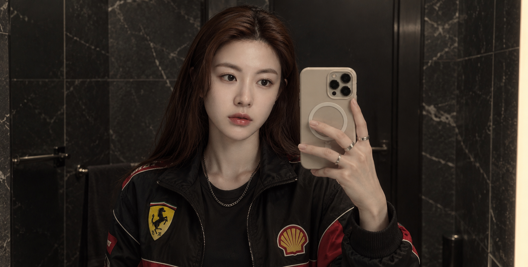 어두운 욕실에서 페라리 재킷을 입고 찍은 거울 셀카