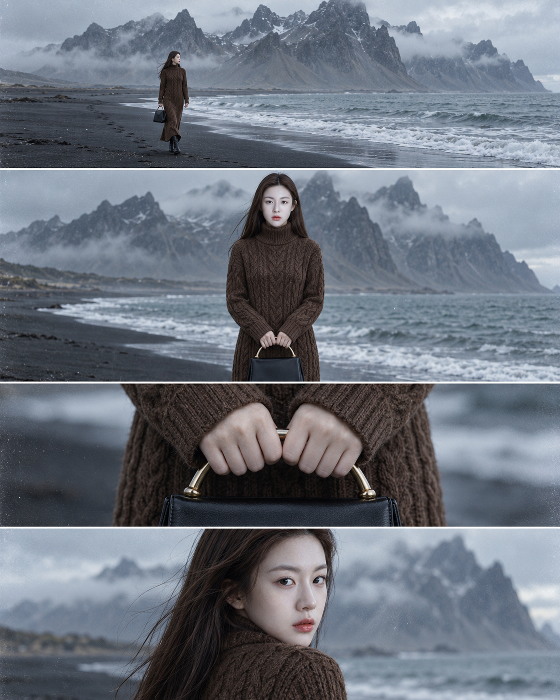 안개 낀 북유럽 해안의 차가운 톤 네 컷 패션 내러티브