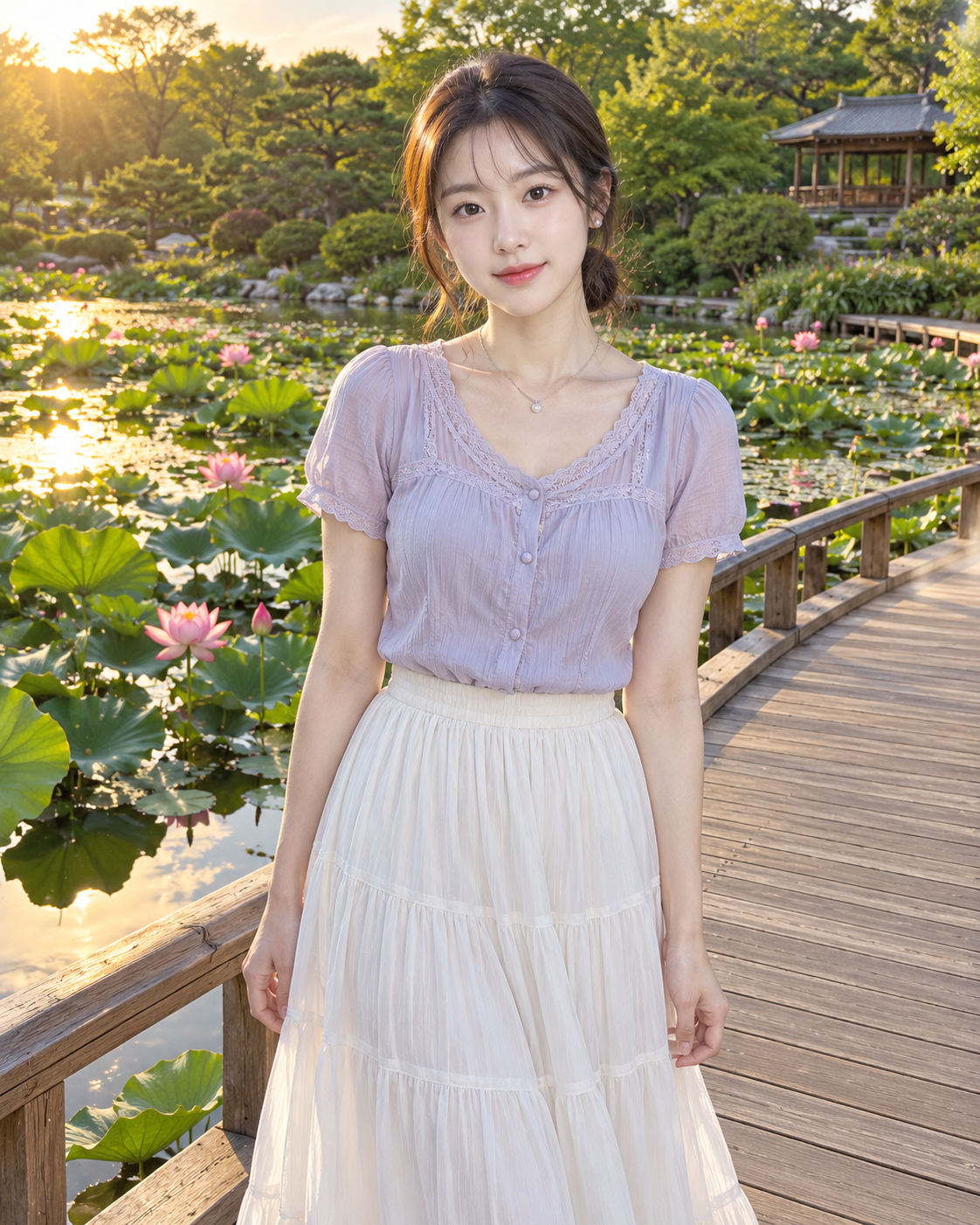 黄金の夕暮れ、蓮池のほとりの韓国風ライフスタイルポートレート