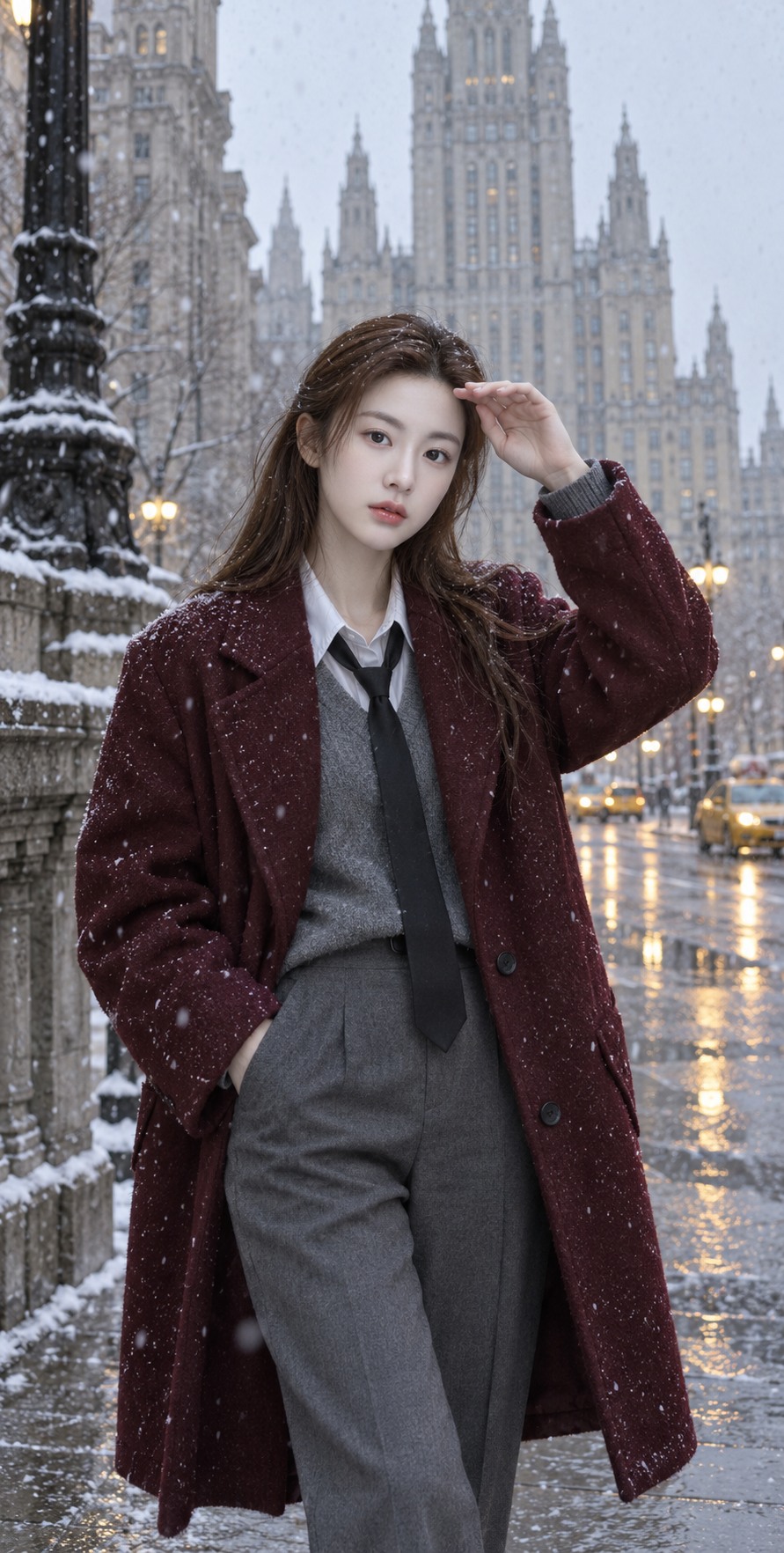 눈이 흩날리는 젖은 거리, 와인빛 코트를 입은 냉랭한 소녀