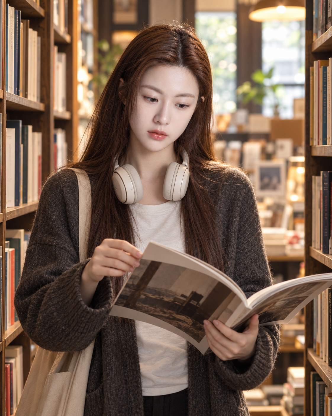 따뜻한 조명의 서점에서 잡지를 넘기는 고요한 순간