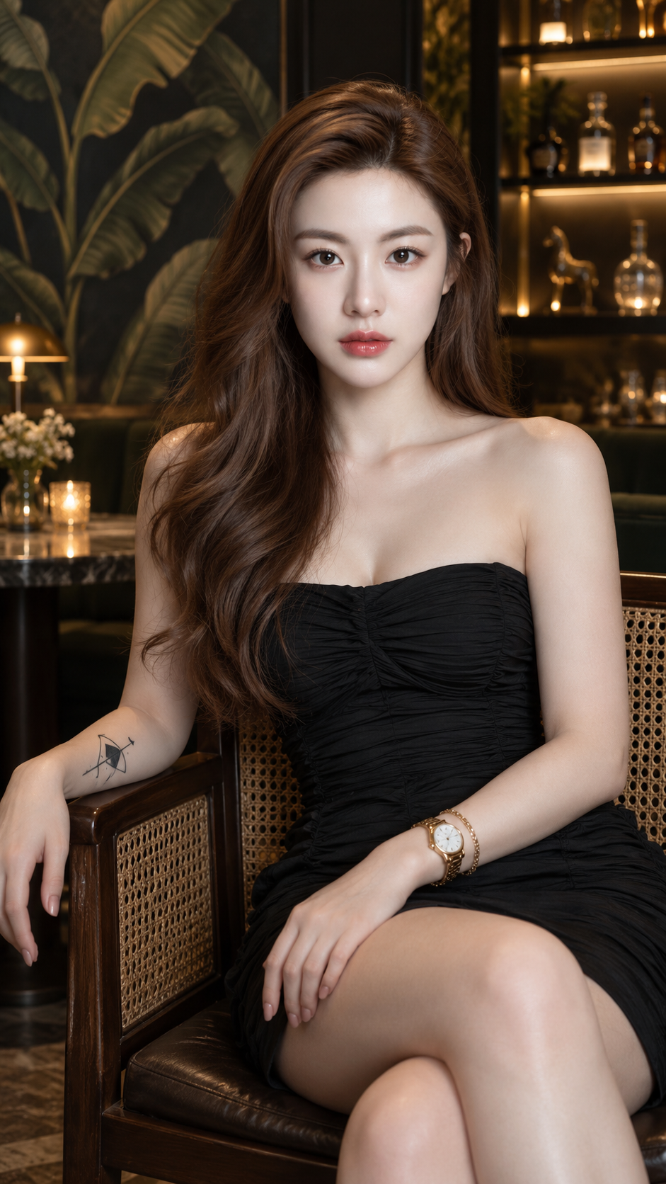 奢华酒廊里的黑裙摩登女郎
