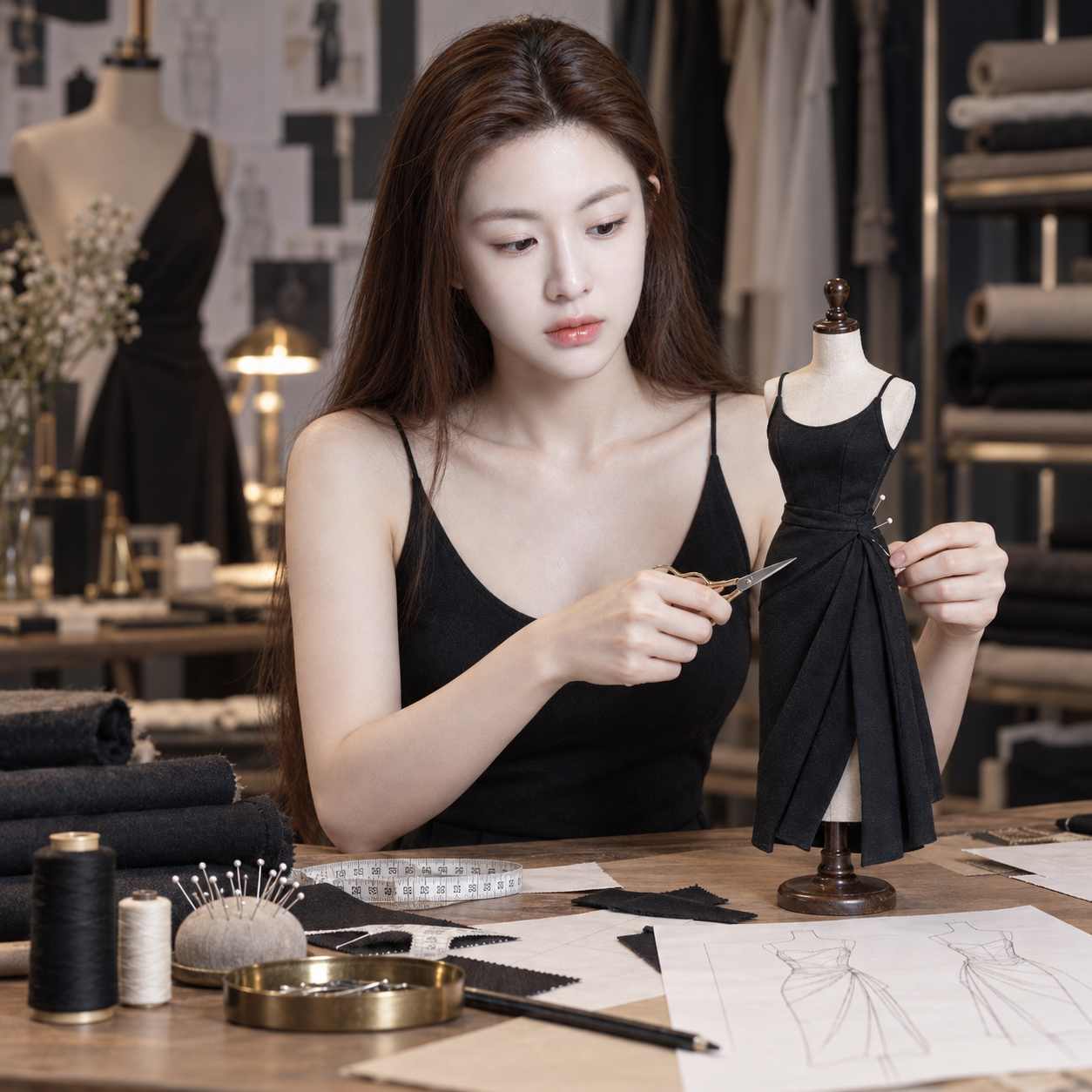 时装工作室里的裁缝师与微缩服装人台