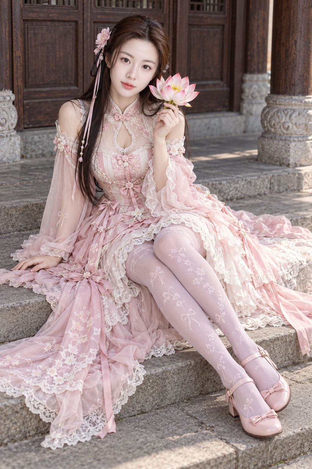 古い石段に立つピンクと白のロリータコスプレポートレート