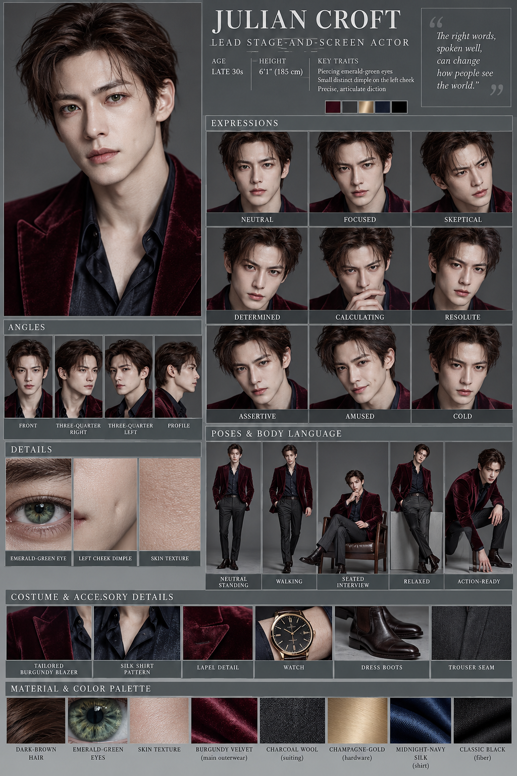 朱利安·克罗夫特职业演员角色设定参考表 — AI image creation