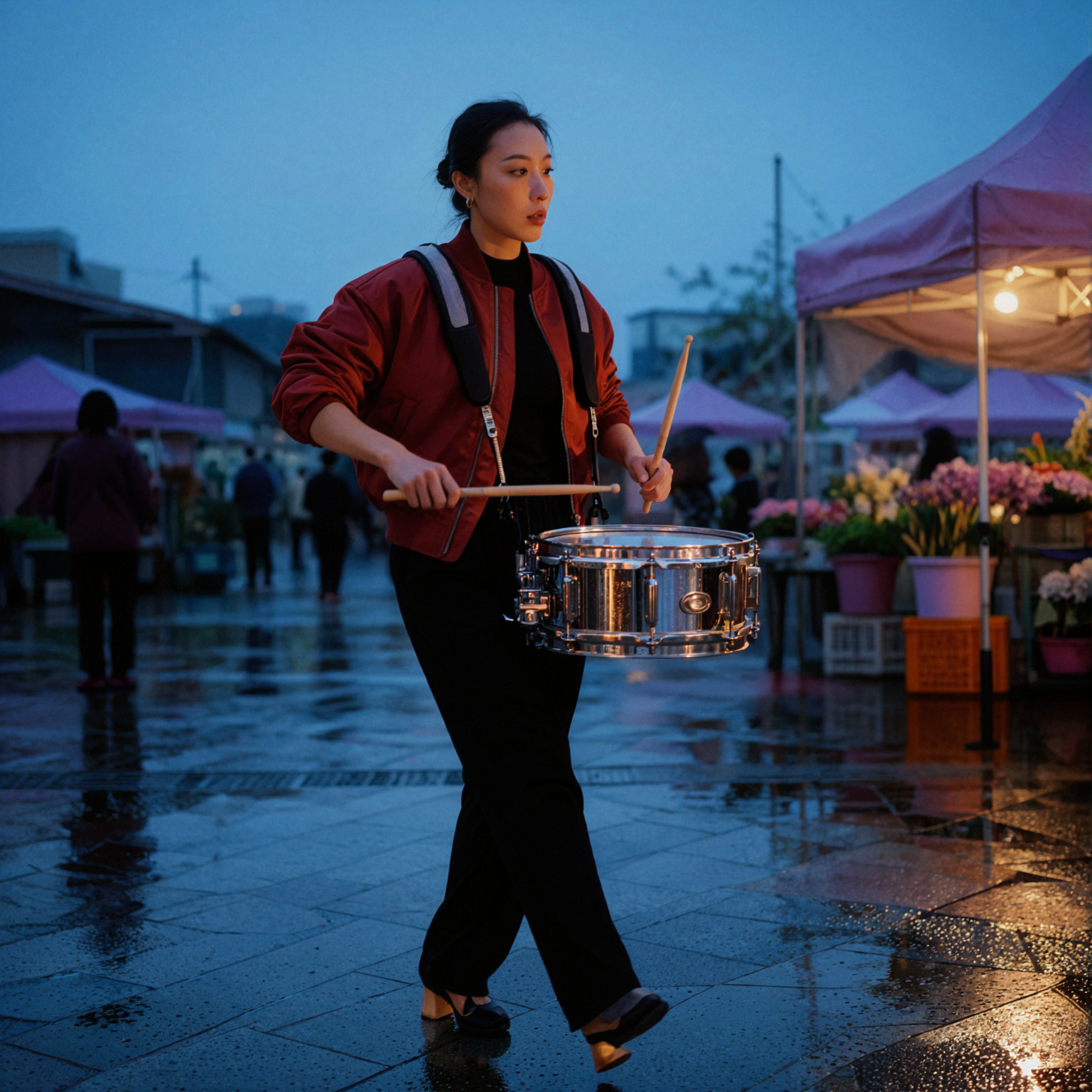 成年东亚女性鼓手 · 行进节拍 · 蓝调时刻