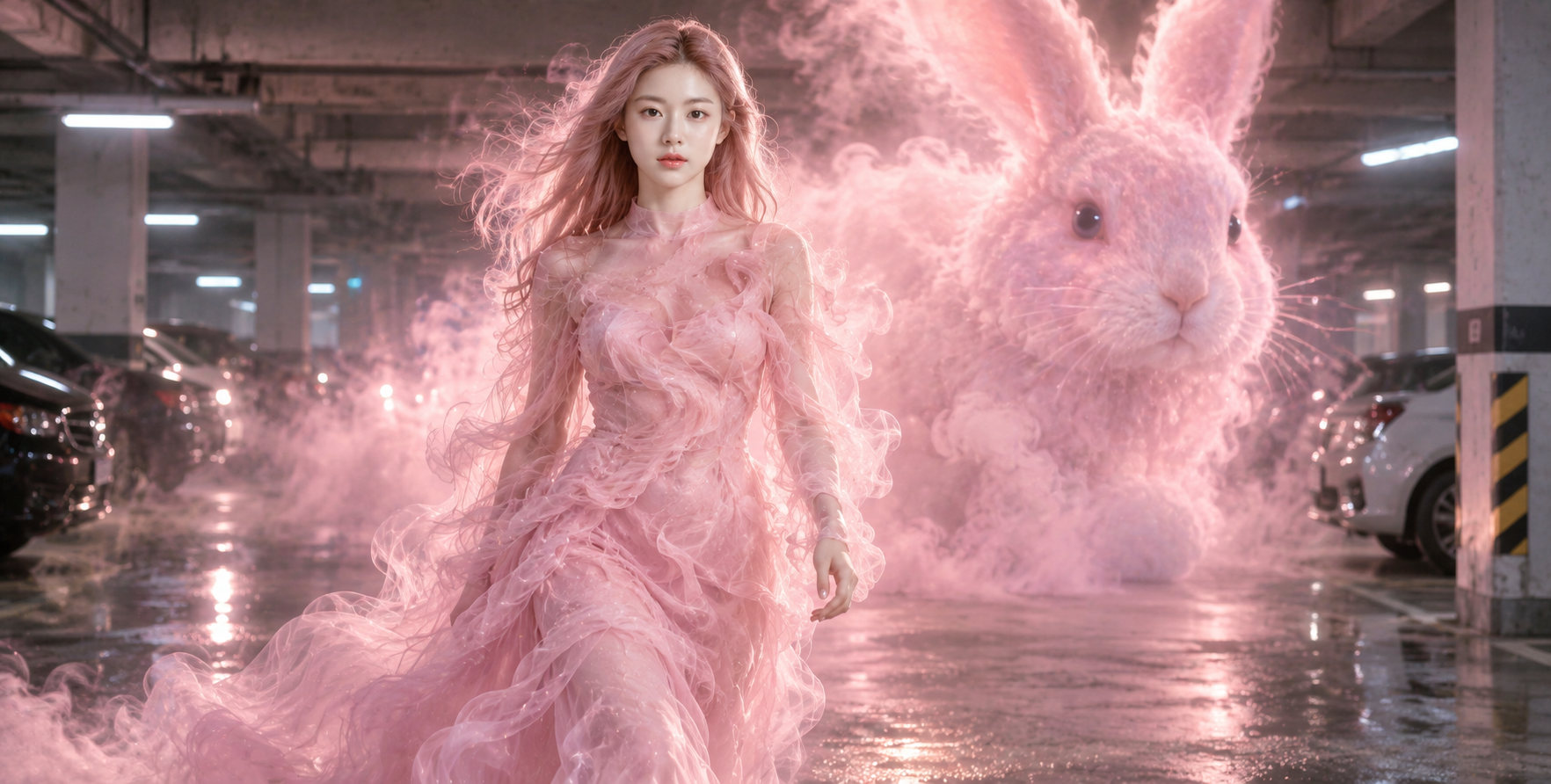 Robe de brume rose et lapin de fumée en barbe à papa
