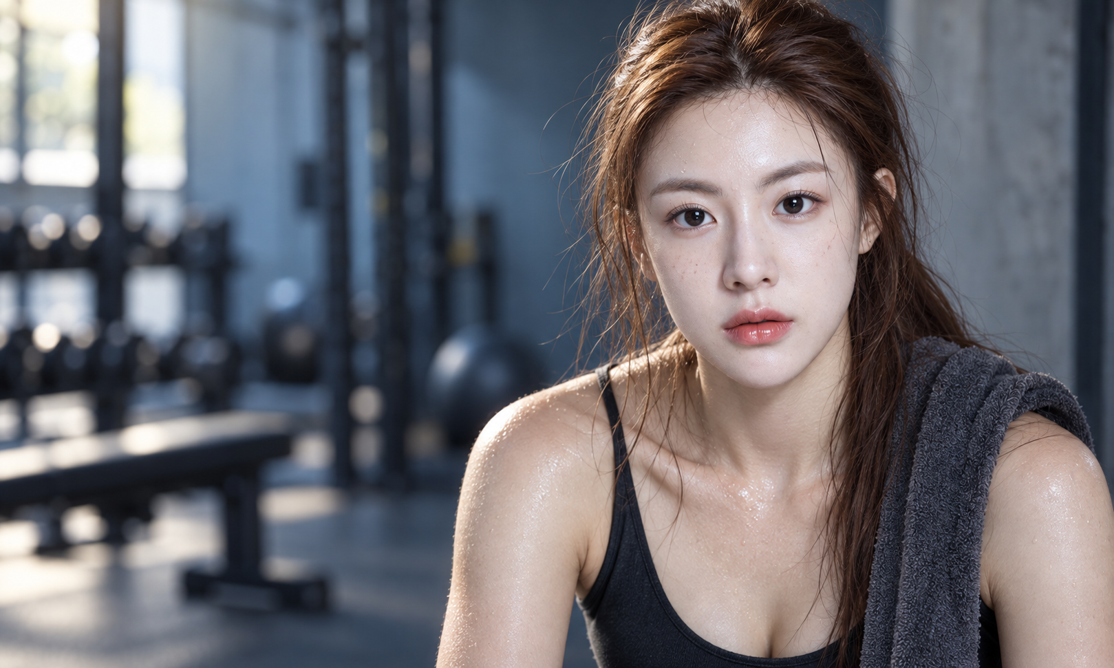 운동 후 주근깨 있는 여성의 브랜드 랜딩 페이지 클로즈업
