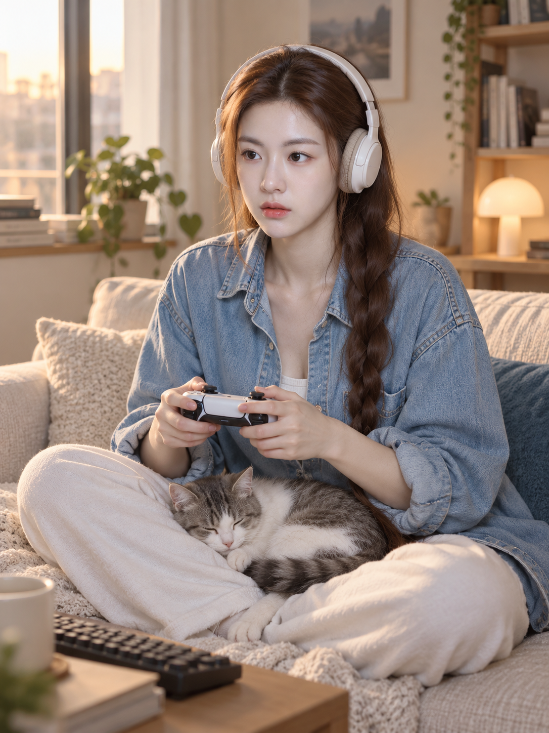 午后公寓里与熟睡猫咪相伴的游戏时光 — AI image creation