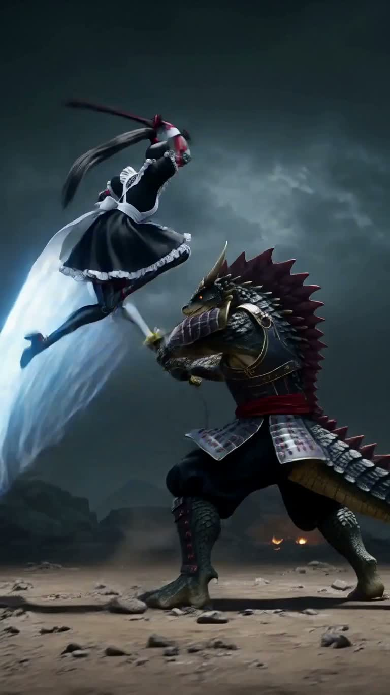 Nữ bộc cơ khí ninja trên không đấu với samurai thằn lằn