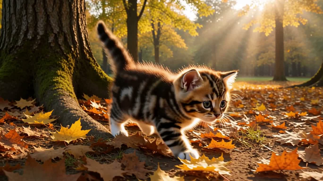 Котёнок ловит листья в осеннем солнце — AI video creation