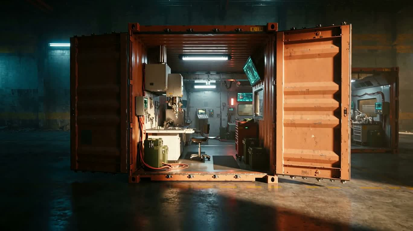 Neon Sci-Fi Mechanical Workshop in a Container