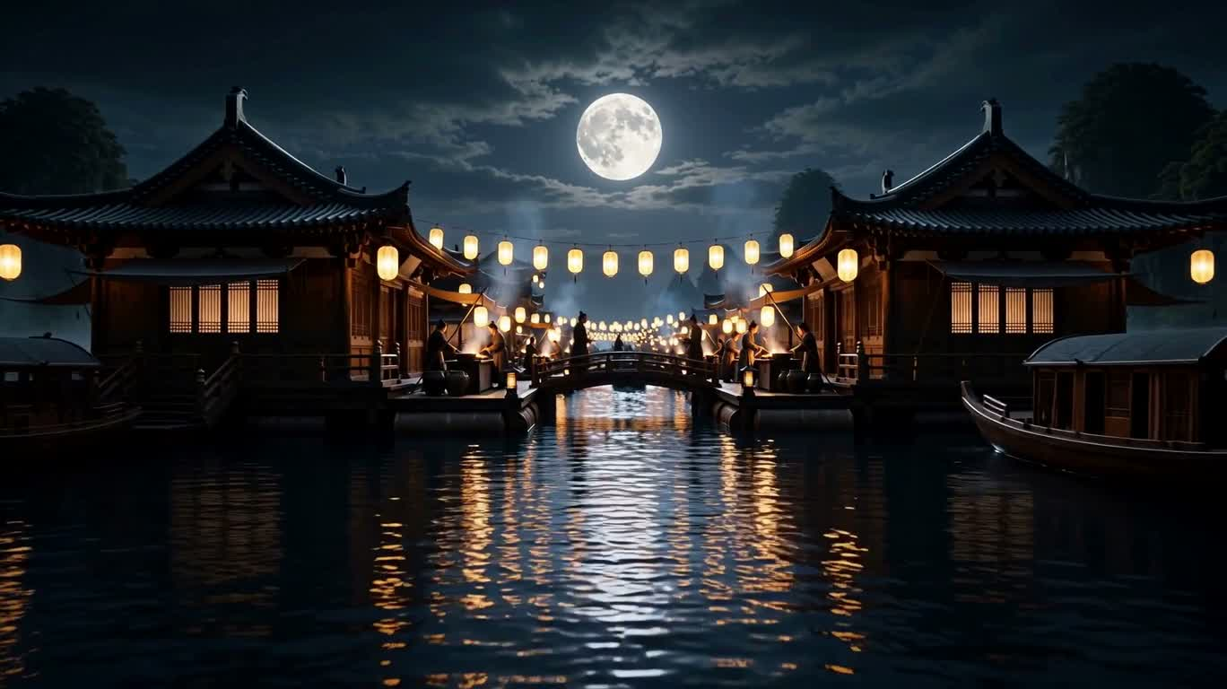 Chợ đèn trên mặt nước dưới ánh trăng