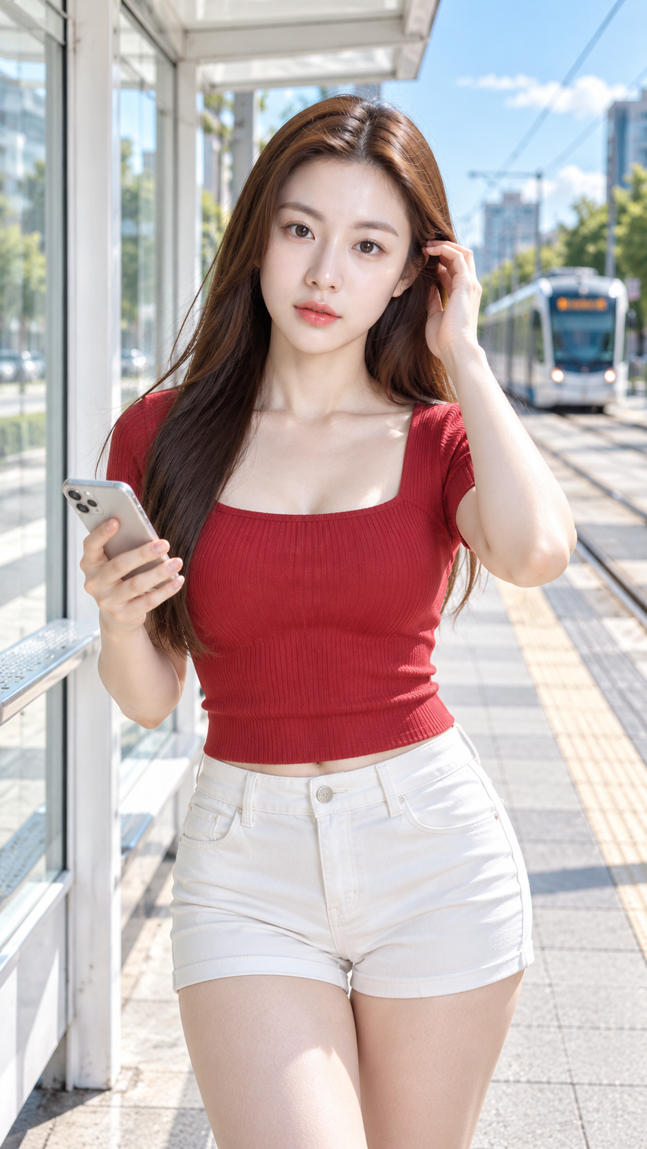 트램 승강장의 산뜻한 레드 앤 화이트 출근길 스트리트 컷