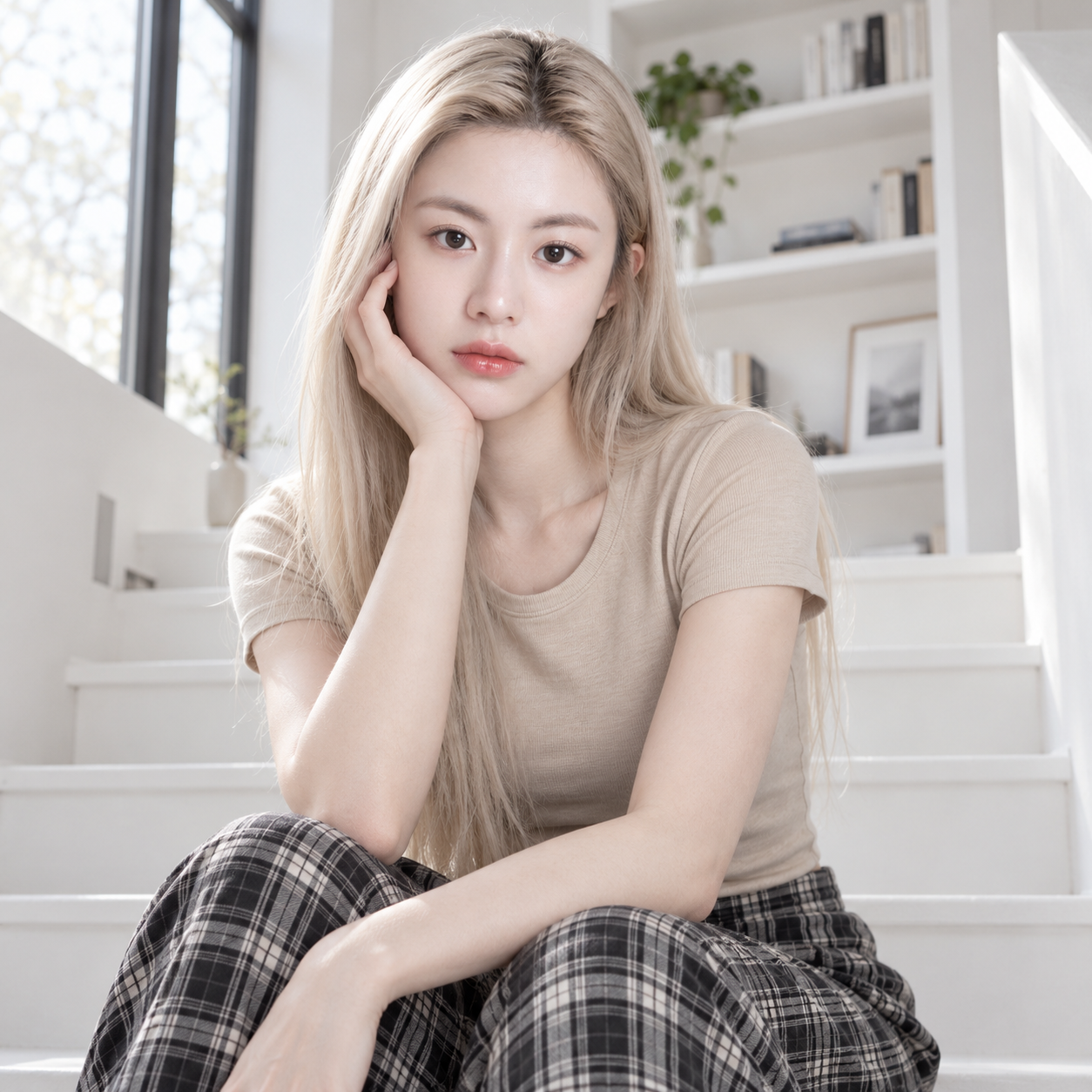 北欧极简室内的白金长发人物肖像 — AI image creation