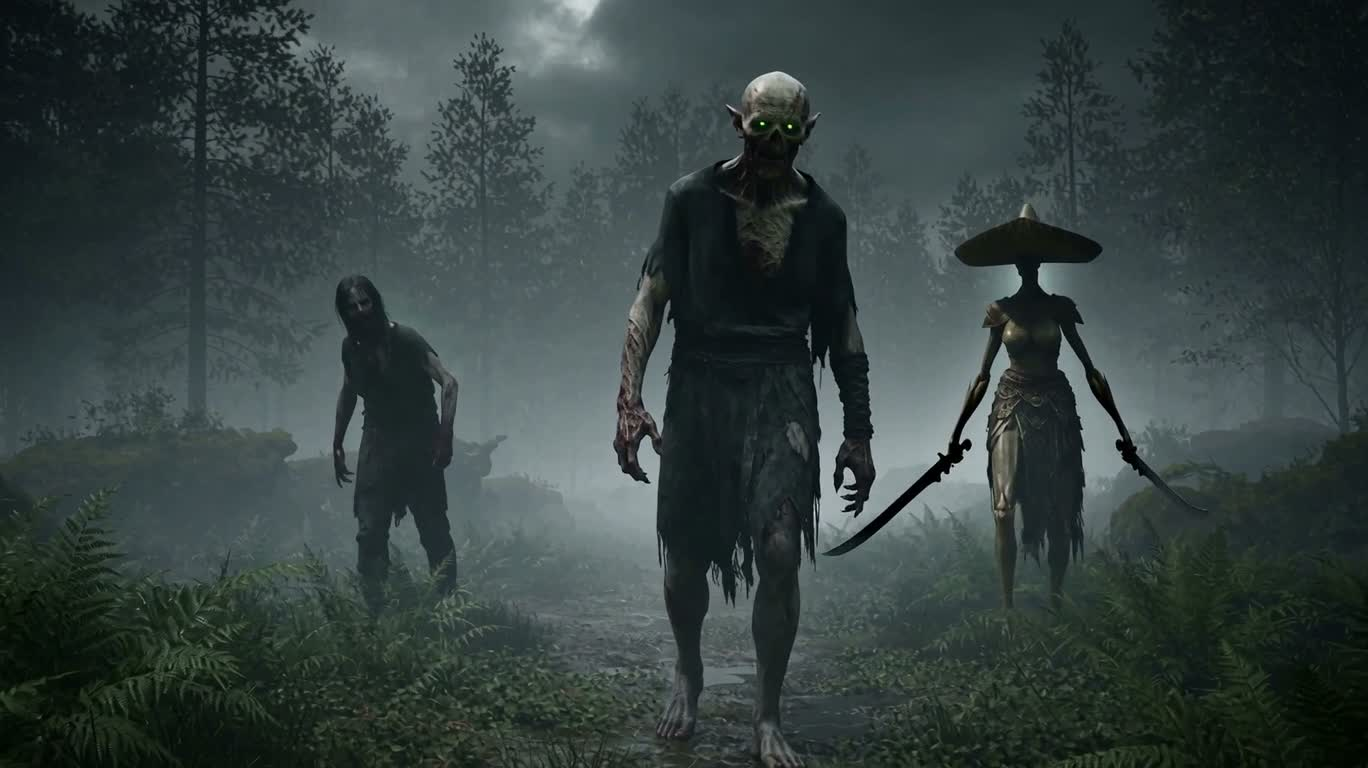 Druide zombie et homme-mante dans la forêt ancienne brumeuse — AI video creation