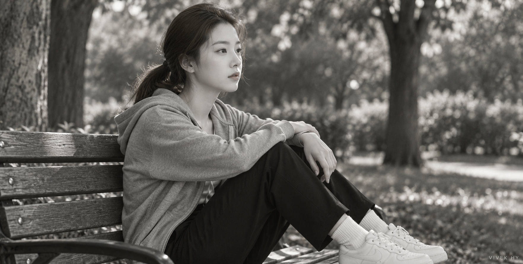 공원 벤치에 앉아 생각에 잠긴 흑백 인물 사진
