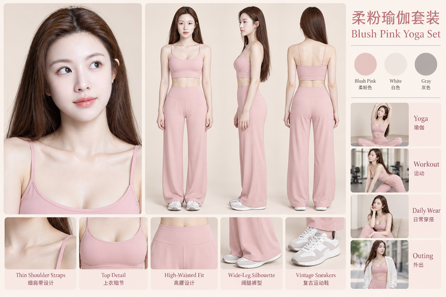 奶粉色瑜伽套装成年女性时尚图鉴海报 — AI image creation