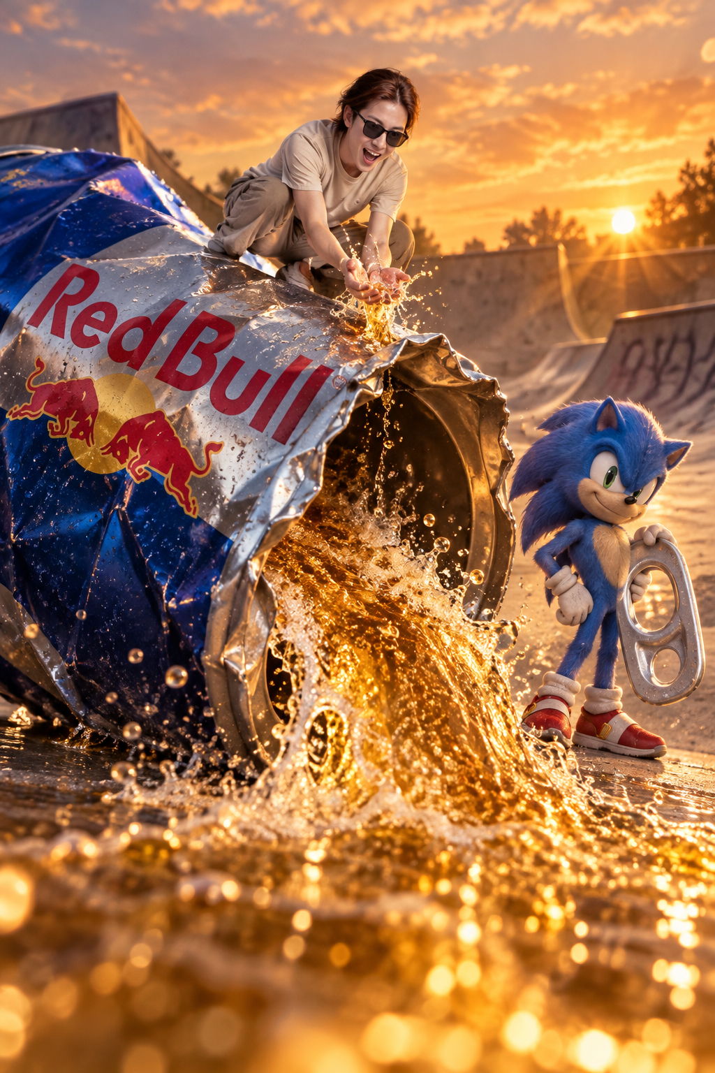 Фантастическое приключение Соника у гигантской банки Red Bull — AI image creation