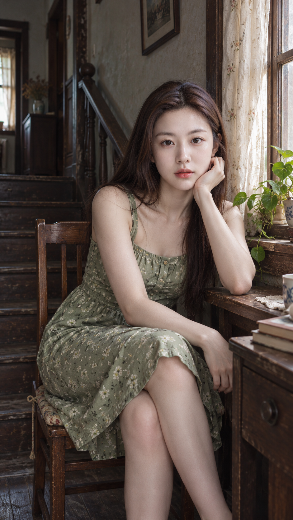 Realistic Portrait Template of an Adult East Asian Woman in Old House Window Light