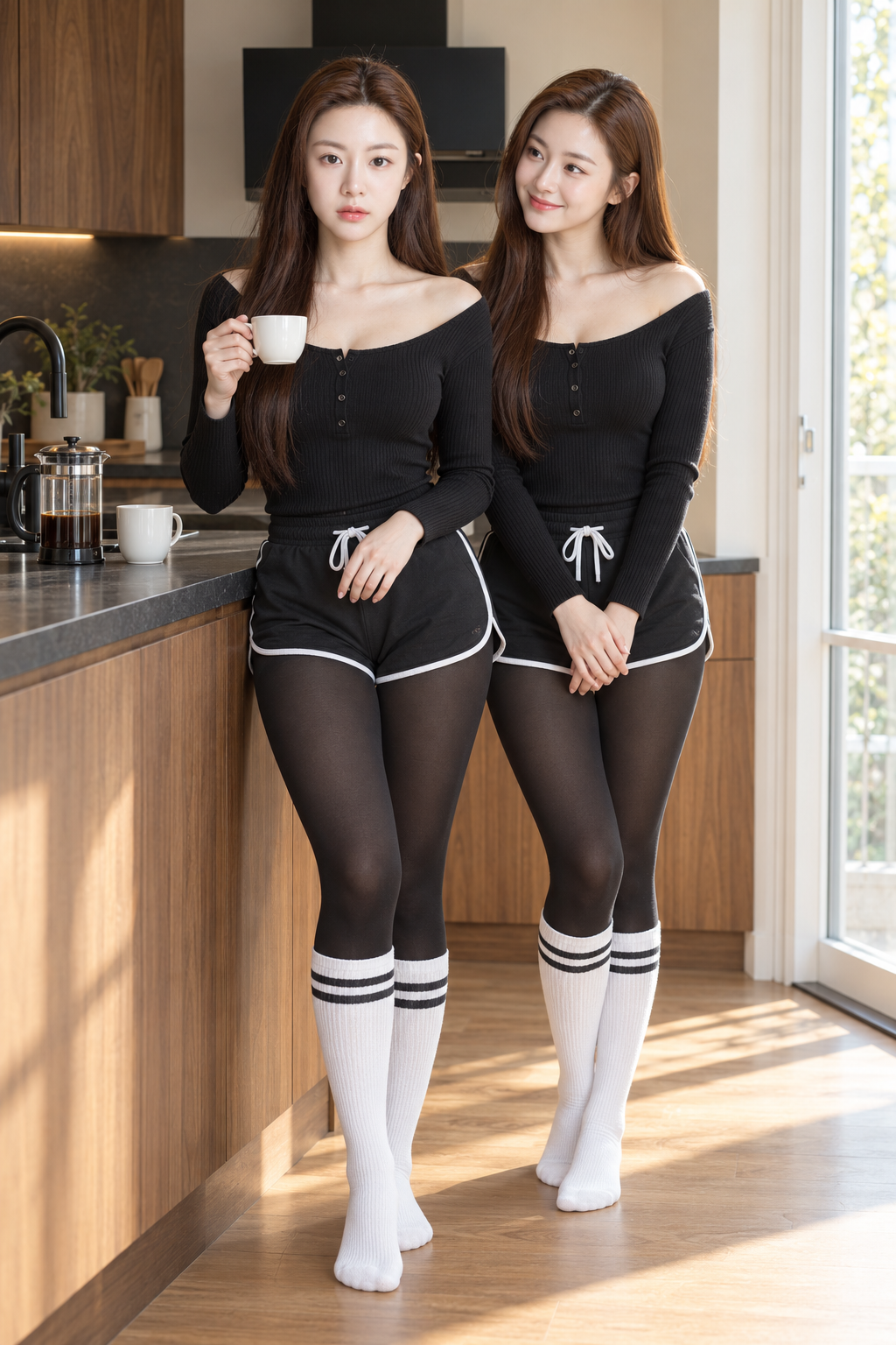 따뜻한 우드톤 모던 주방에서의 커플 홈웨어 화보