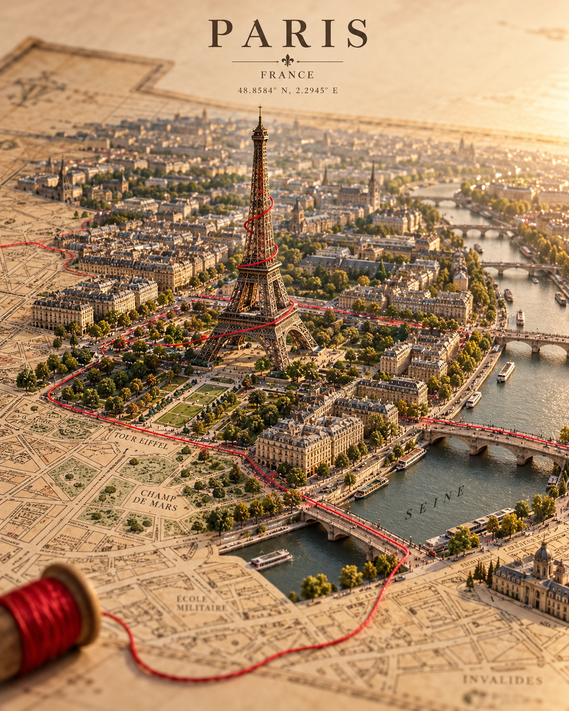 Vintage Map Miniature Poster of the Eiffel Tower Breaking Through