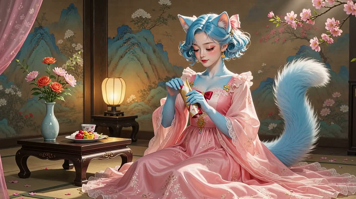 蓝绒猫人少女吃冰棒