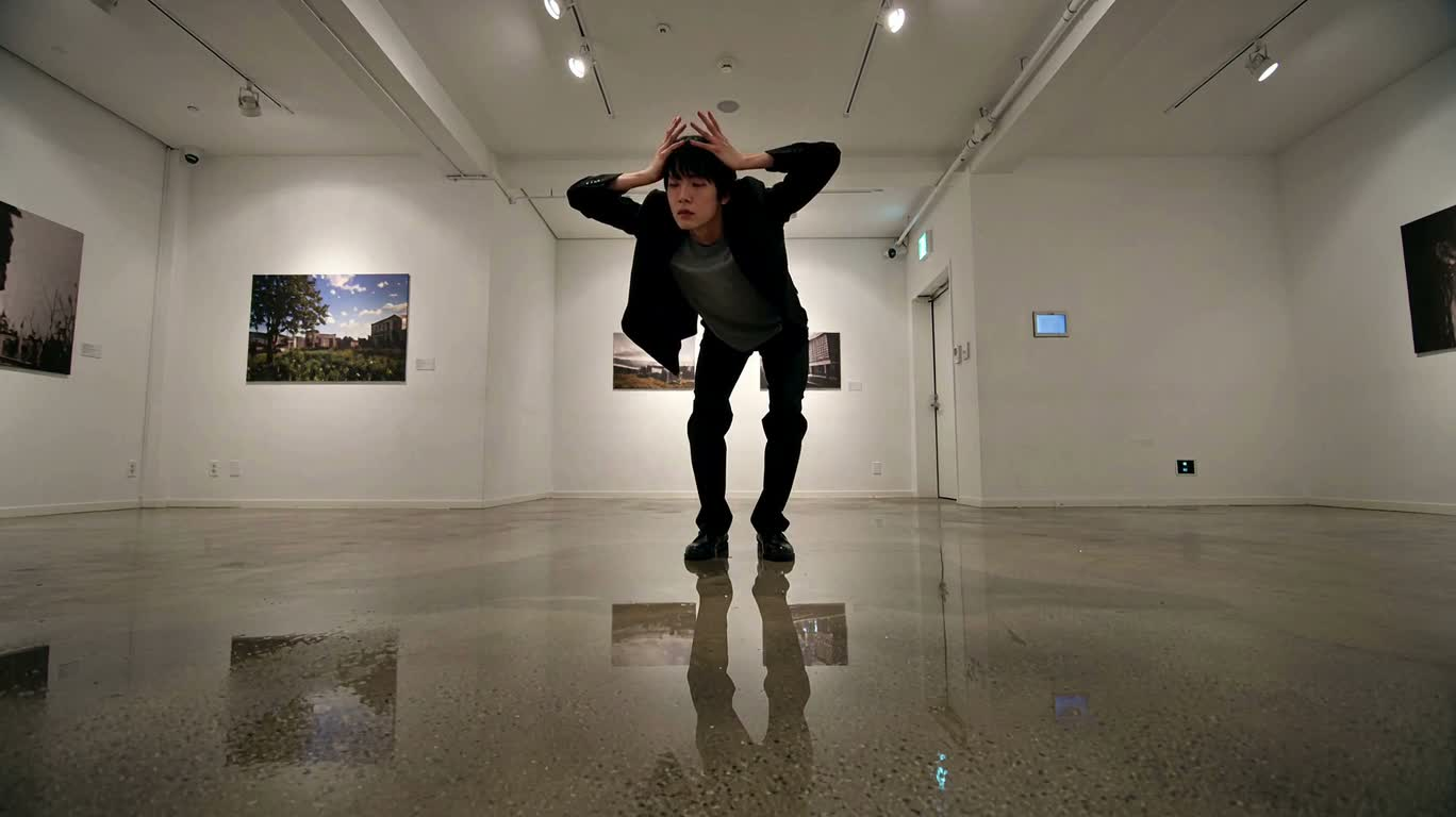 白色展厅中的超现实扭曲表演