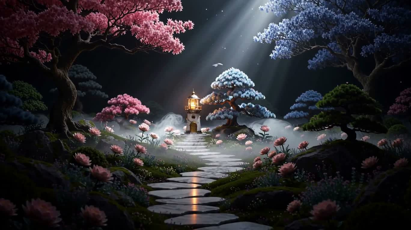 月雾中的蒸汽灯塔花园