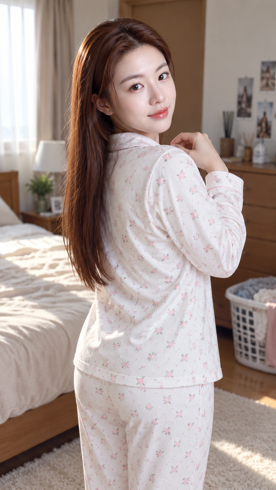 아침 햇살이 비치는 침실에서 뒤돌아보는 성인 여성의 초상