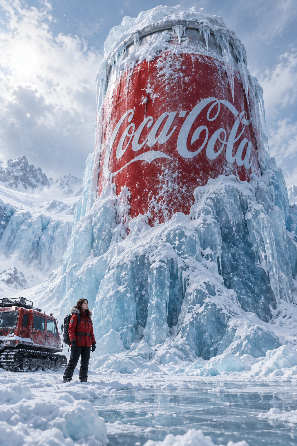 極地の奇観：氷雪に閉じ込められた巨大コカ・コーラ缶 — AI image creation