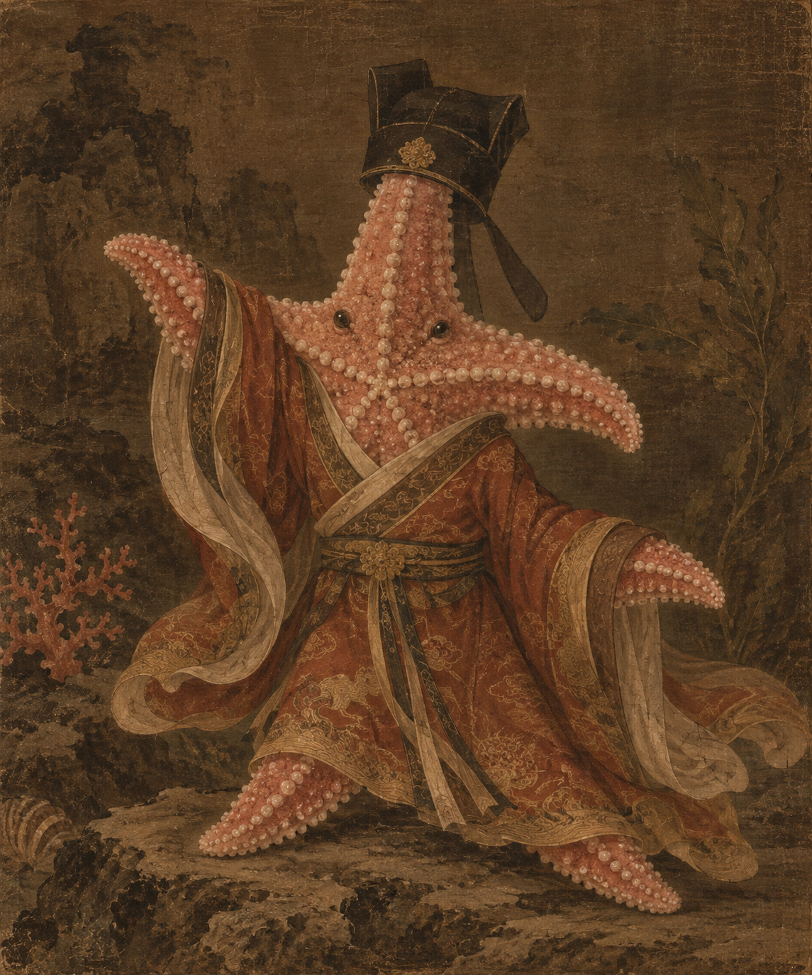 Peinture à l'huile classique gongbi d'une étoile de mer en tenue Tang
