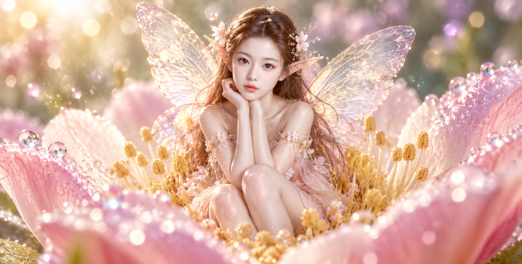 花心中的微光精灵微距插画 — AI image creation