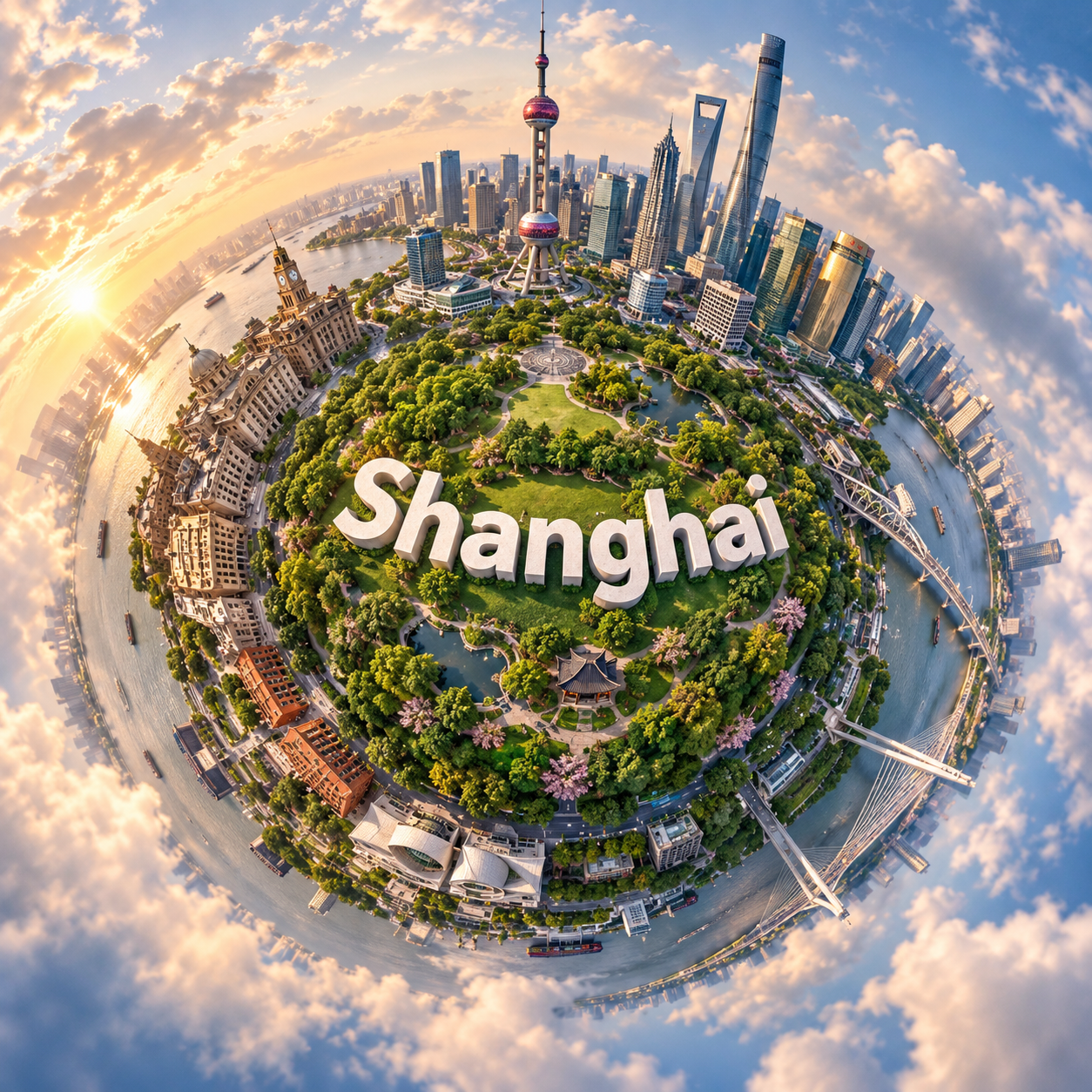 上海地标环绕的微缩星球 — AI image creation
