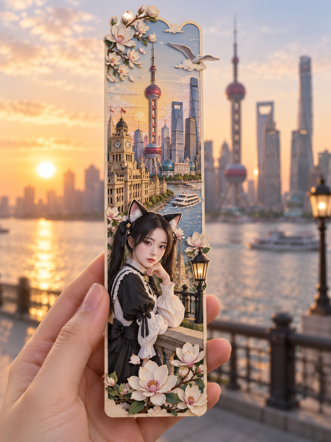 上海日出猫耳时装角色剪纸书签