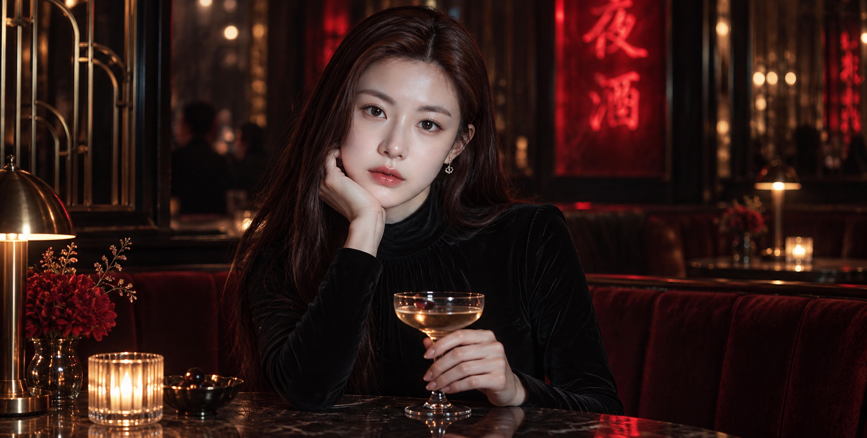 酒吧独坐的黑发成人女性电影感人像 — AI image creation