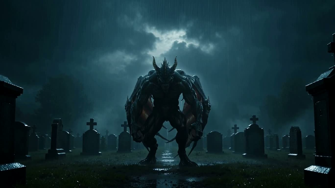 Métamorphose monstrueuse dans le cimetière sous l'orage